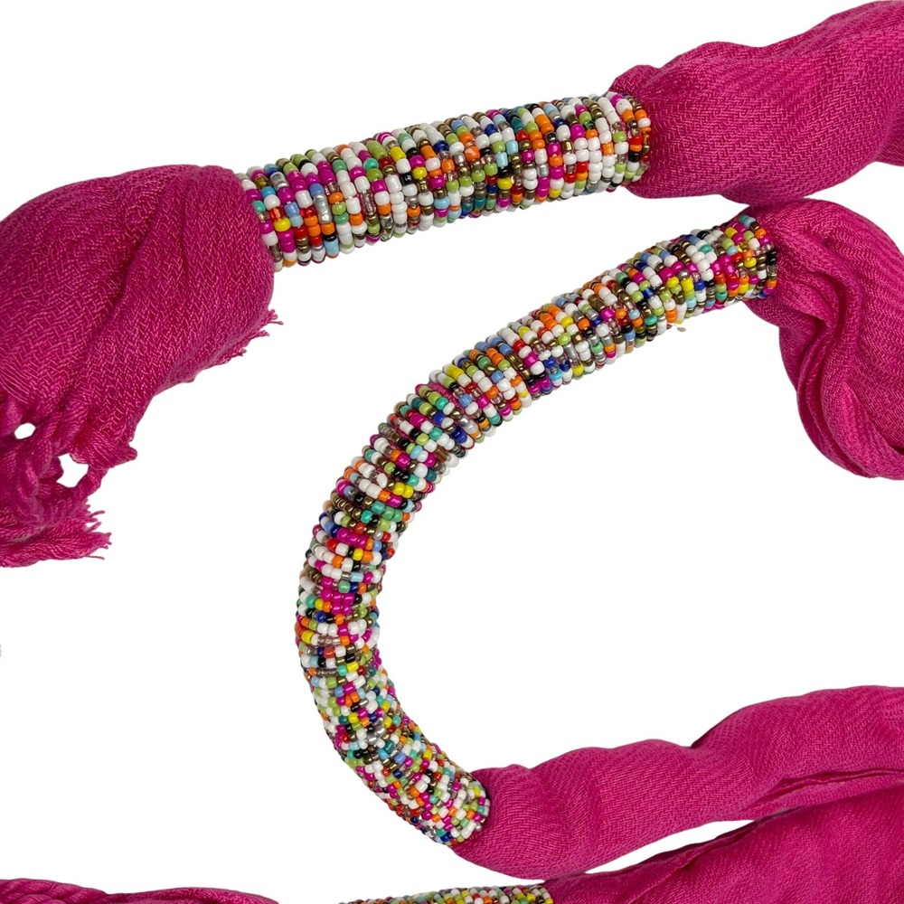 Bohemian Beaded Scarf‎ Necklace OS Pink Multi Tassel Accent Festival Necklace